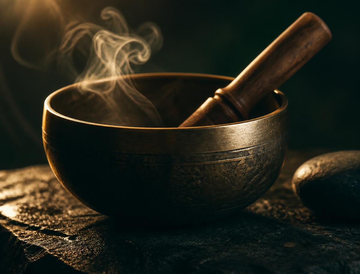 A bronze singing bowl and mallet resting in warm light during a session