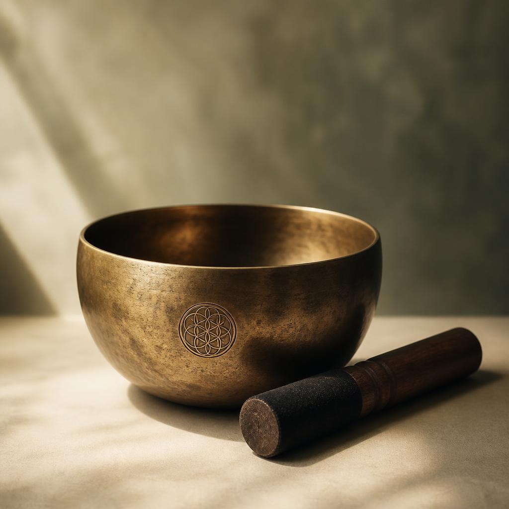 An antique bronze singing bowl and wooden mallet resting in soft light